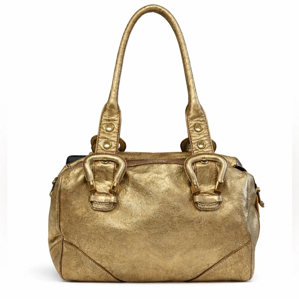 Francesco Biasia Gold Metallic Leather Satchel Shoulder Bag Structured handbag